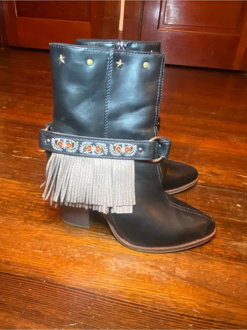 EUC Desigual 37 Black Fringe Embellished Western Mid-Calf Bohemian Boots